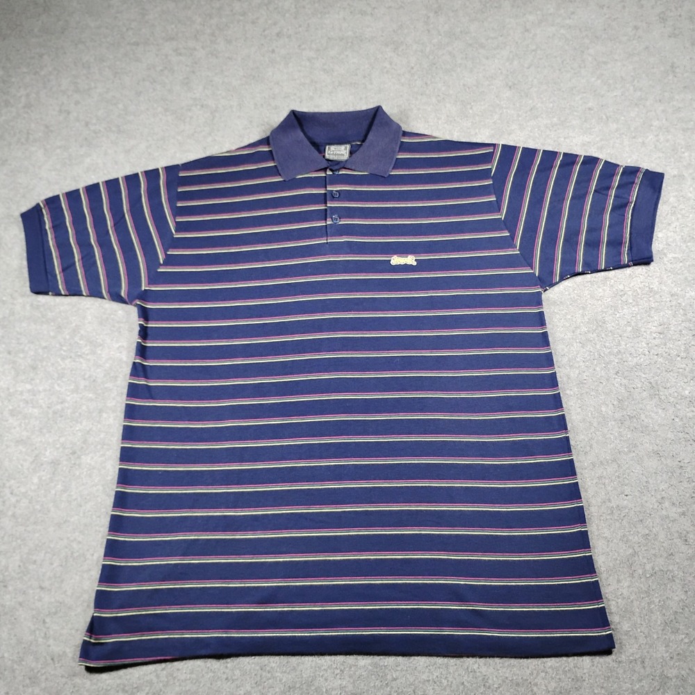 Vintage Le Tigre Mens Striped Polo Shirt Navy Blue Short Sleeve M